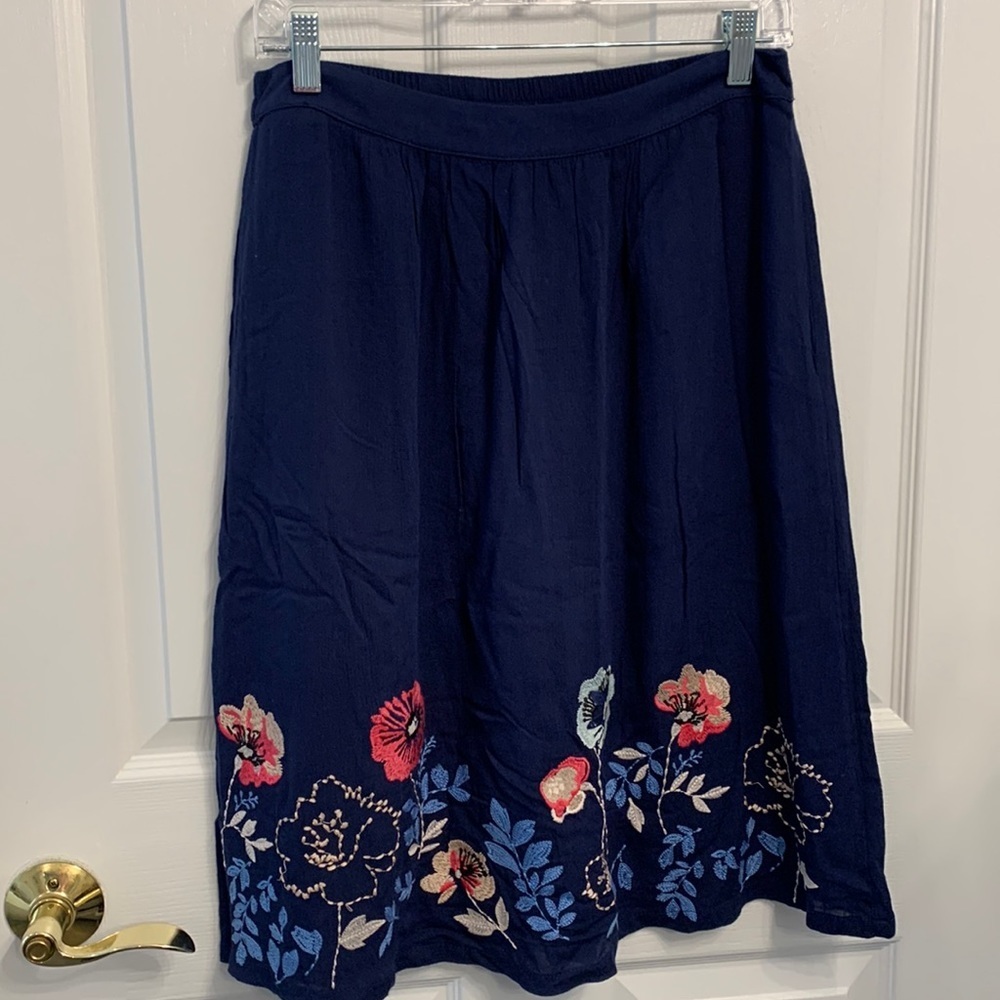 Embroidered Floral Navy A-Line Skirt